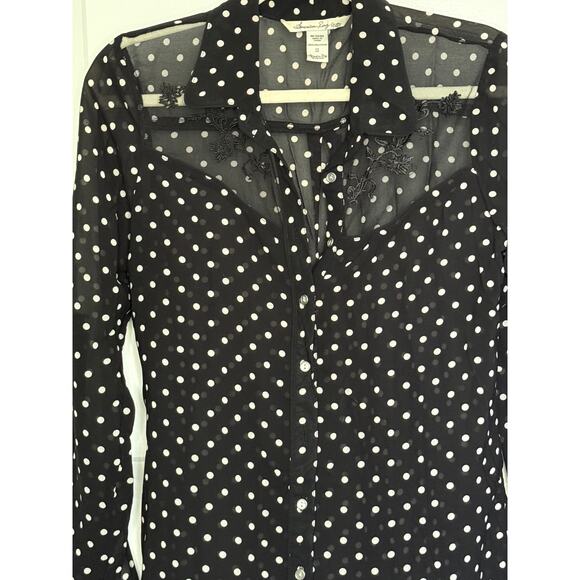 AMERICAN RAG Sz S Black & White Polka Dot Lace Shoulders Button Up Sheer | GUC - Picture 6 of 9